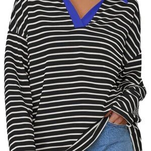 Chic Striped V-Neck Long Sleeve Top - Black and Blue